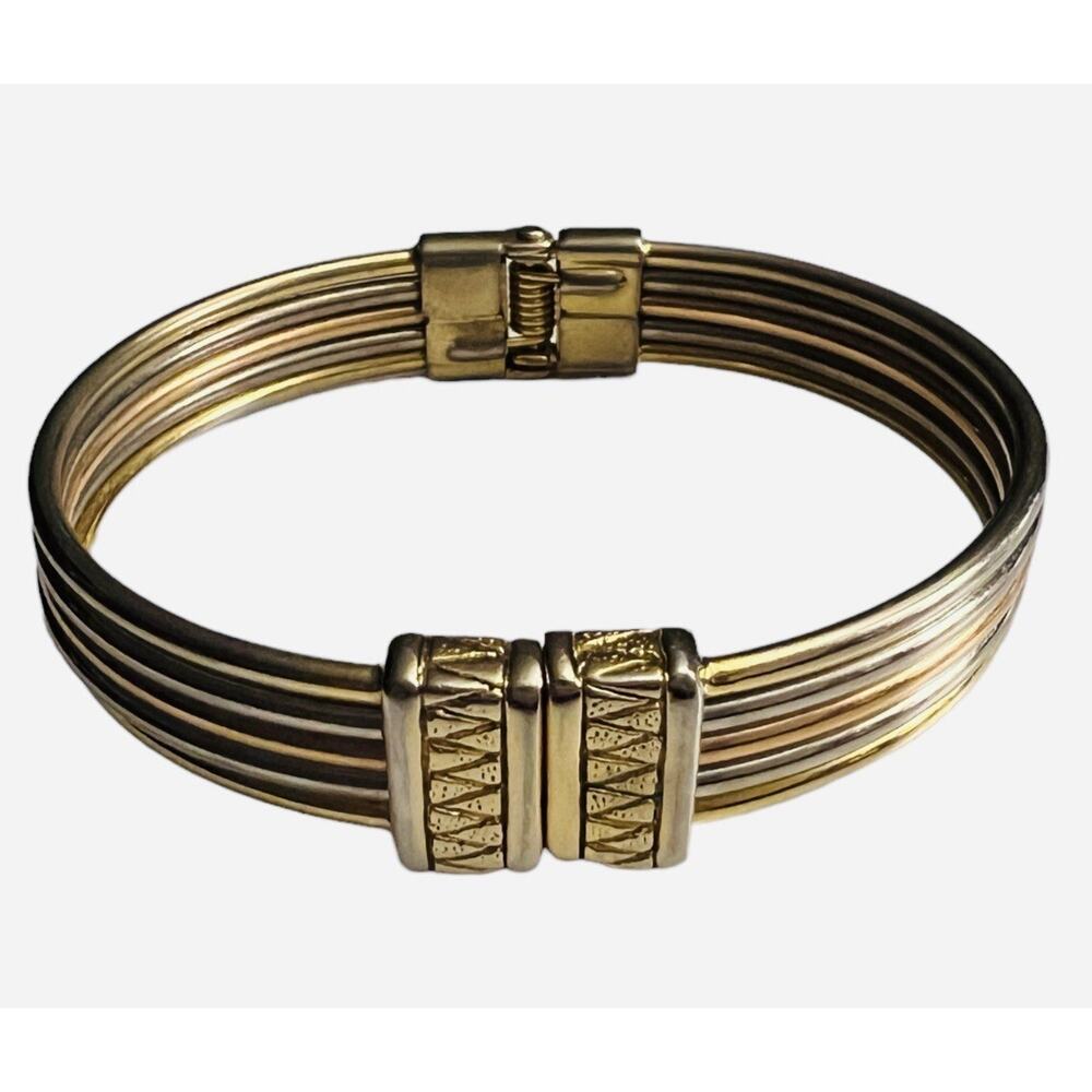 Premier Designs Jewelry Tri-Colored Bangle Signed PD Hinged Cuff Bracelet